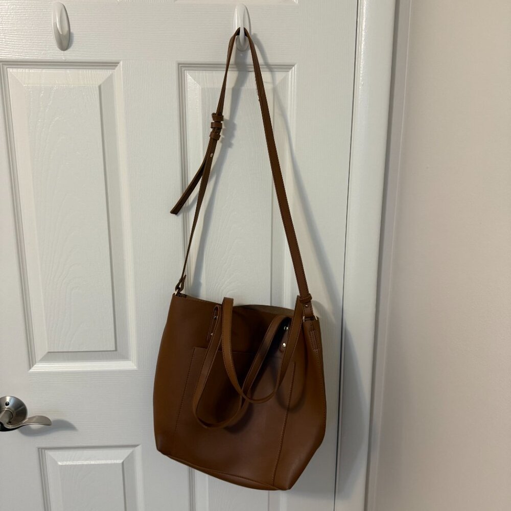 HENNY + LEV Cognac Brown Vegan Leather Everyday Laptop Tote Purse‎ Bag Crossbody - Picture 7 of 8